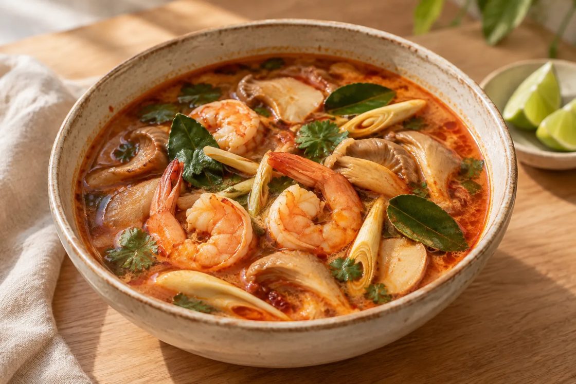 Thailändische Tom-Yum-Suppe mit Garnelen und Nam Prik Pao