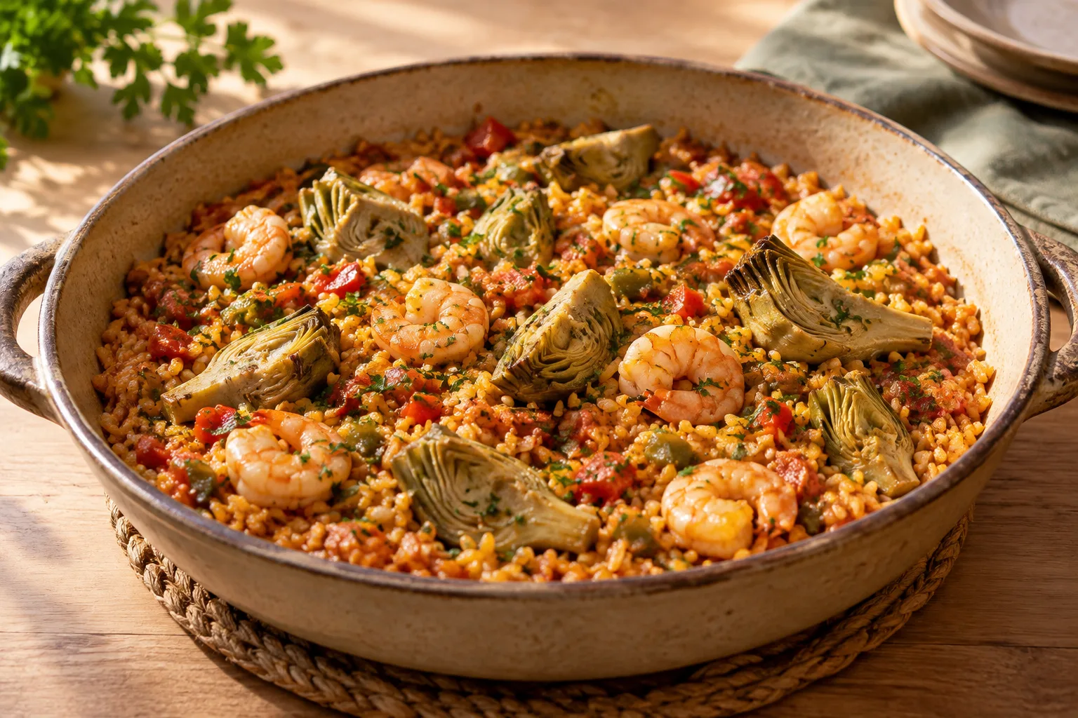 Riso asciutto con gamberi e carciofi