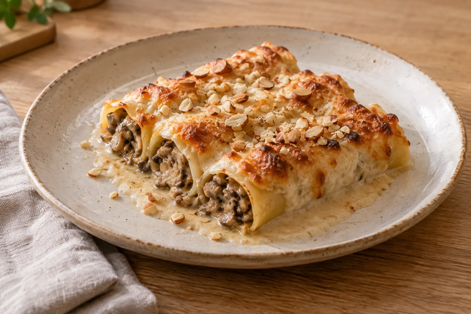 Pasta al forno con funghi e mandorle