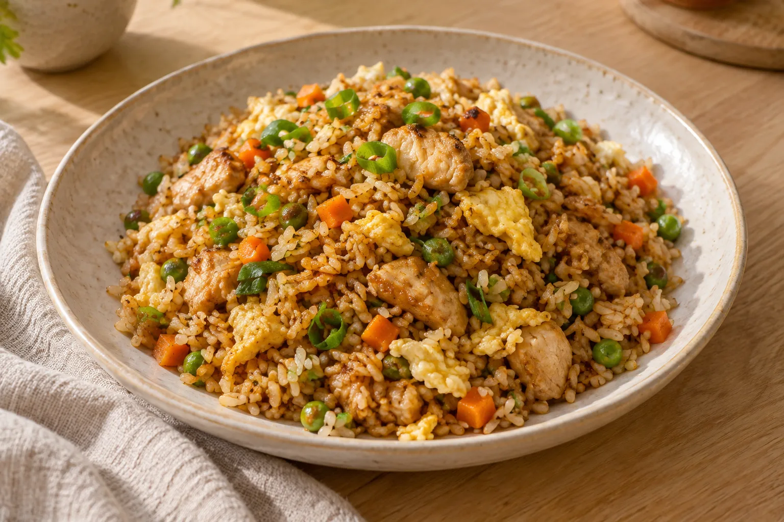 Nasi goreng indonesiano con pollo e uovo