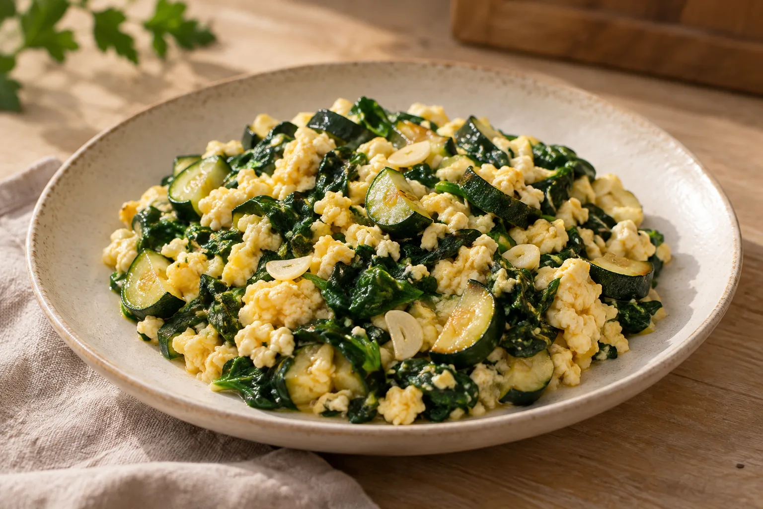 Uova strapazzate con zucchine e spinaci