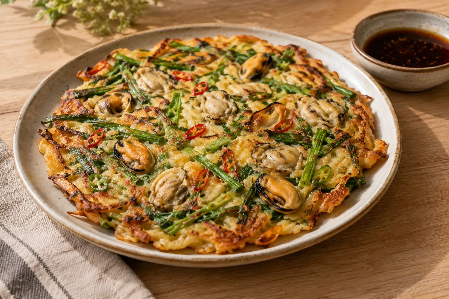 Haemul pajeon coreano con frutti di mare e cipollotti