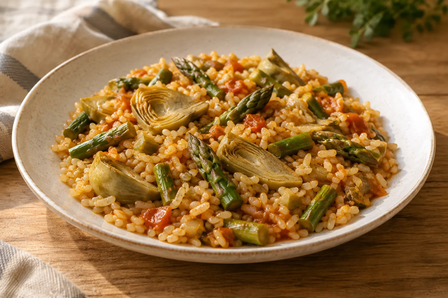 Riso asciutto con asparagi e carciofi