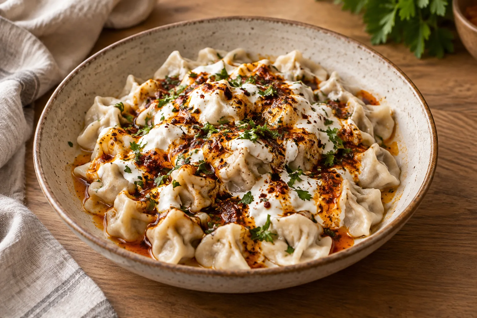 Turkish manti with beef, yogurt and paprika butter