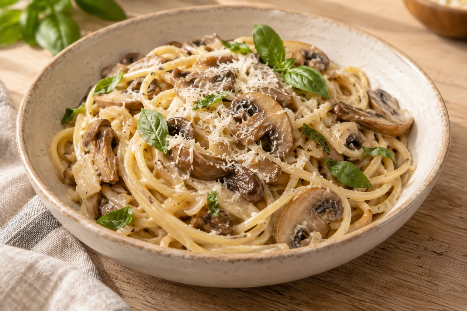 Pasta con funghi e basilico