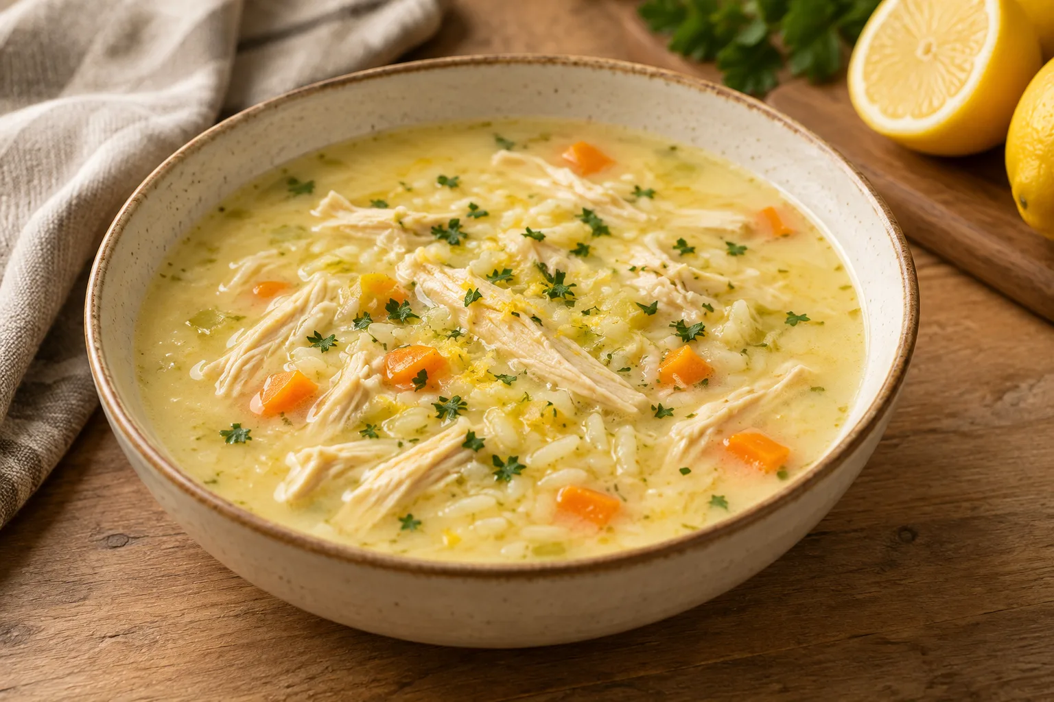Greek chicken, rice and lemon avgolemono soup