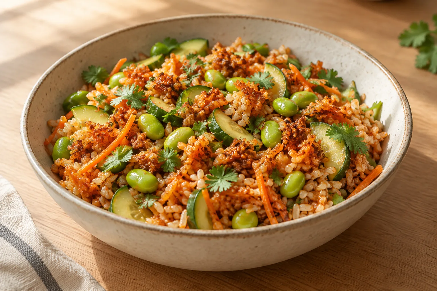 Insalata croccante di riso integrale e cetriolo