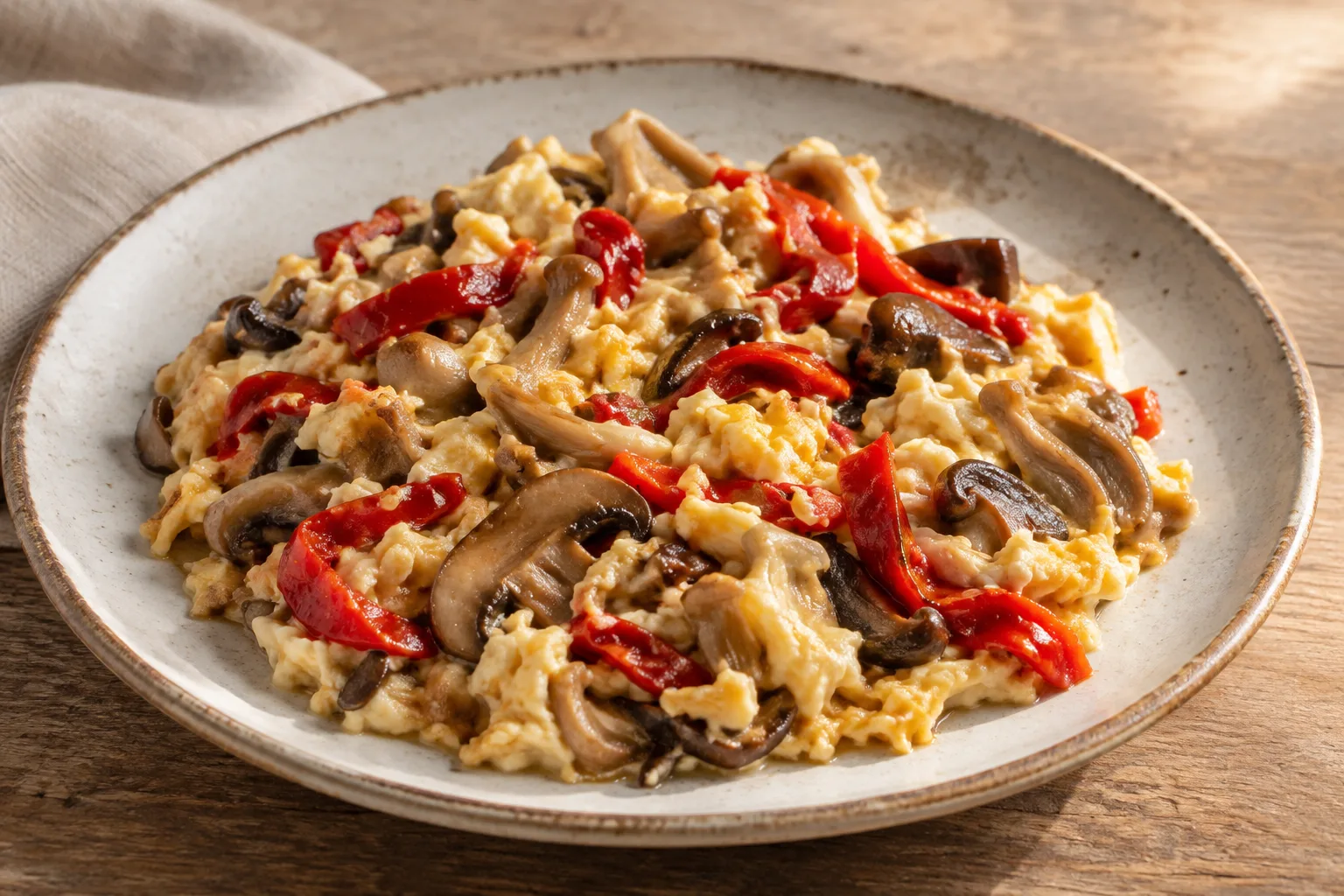 Uova strapazzate con funghi e peperone