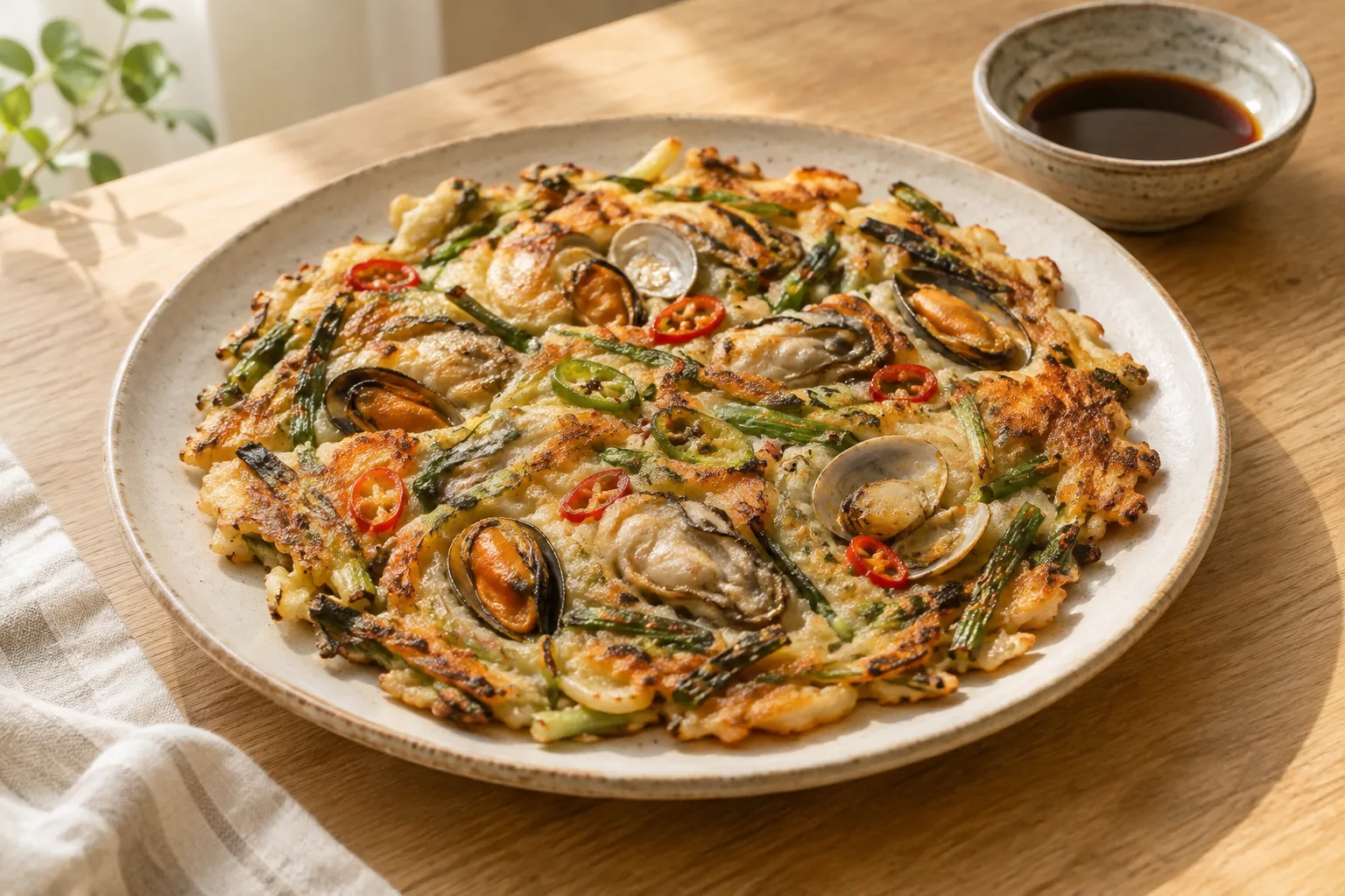 Haemul pajeon coreano con frutti di mare e cipollotti
