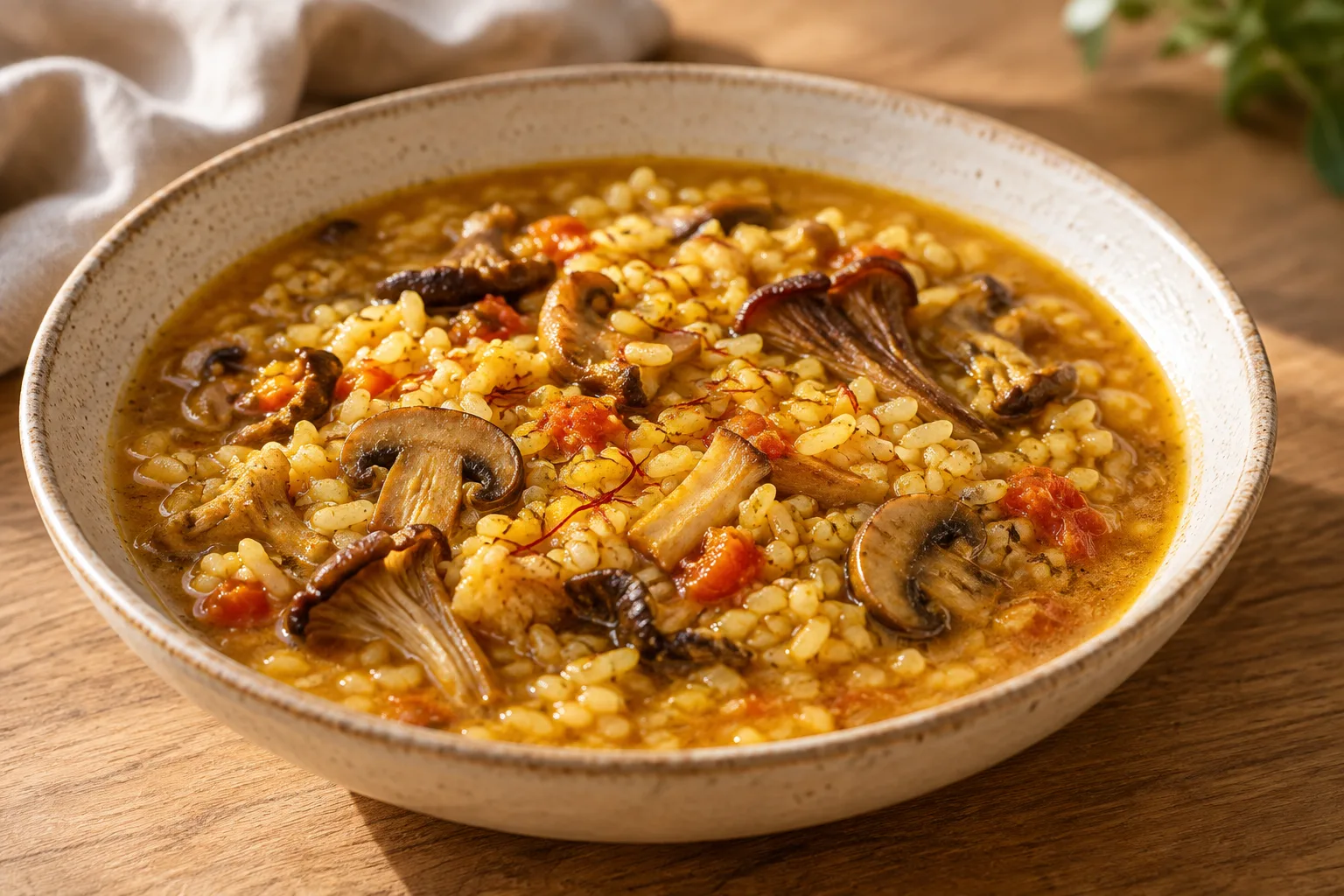 Riso in brodo con funghi e zafferano