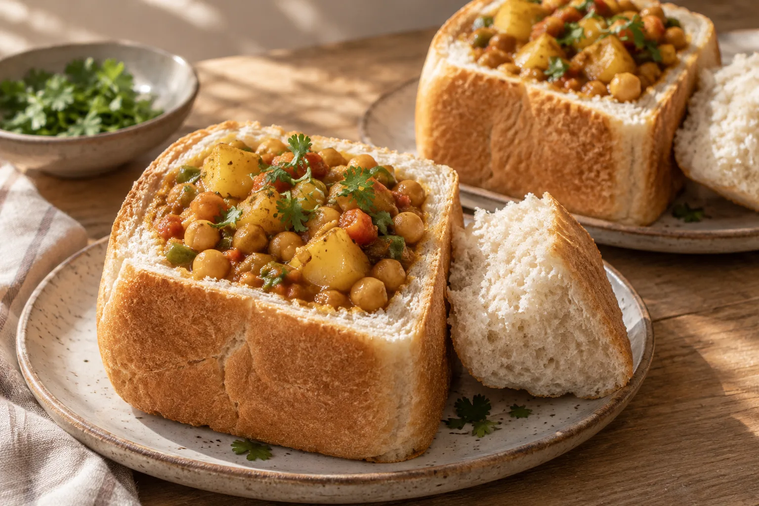 Bunny chow vegetariano con ceci e patate