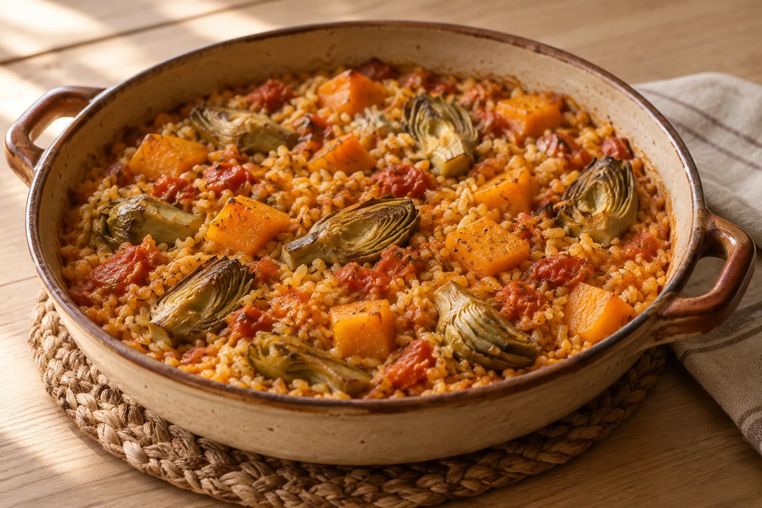Riso asciutto con zucca e carciofi