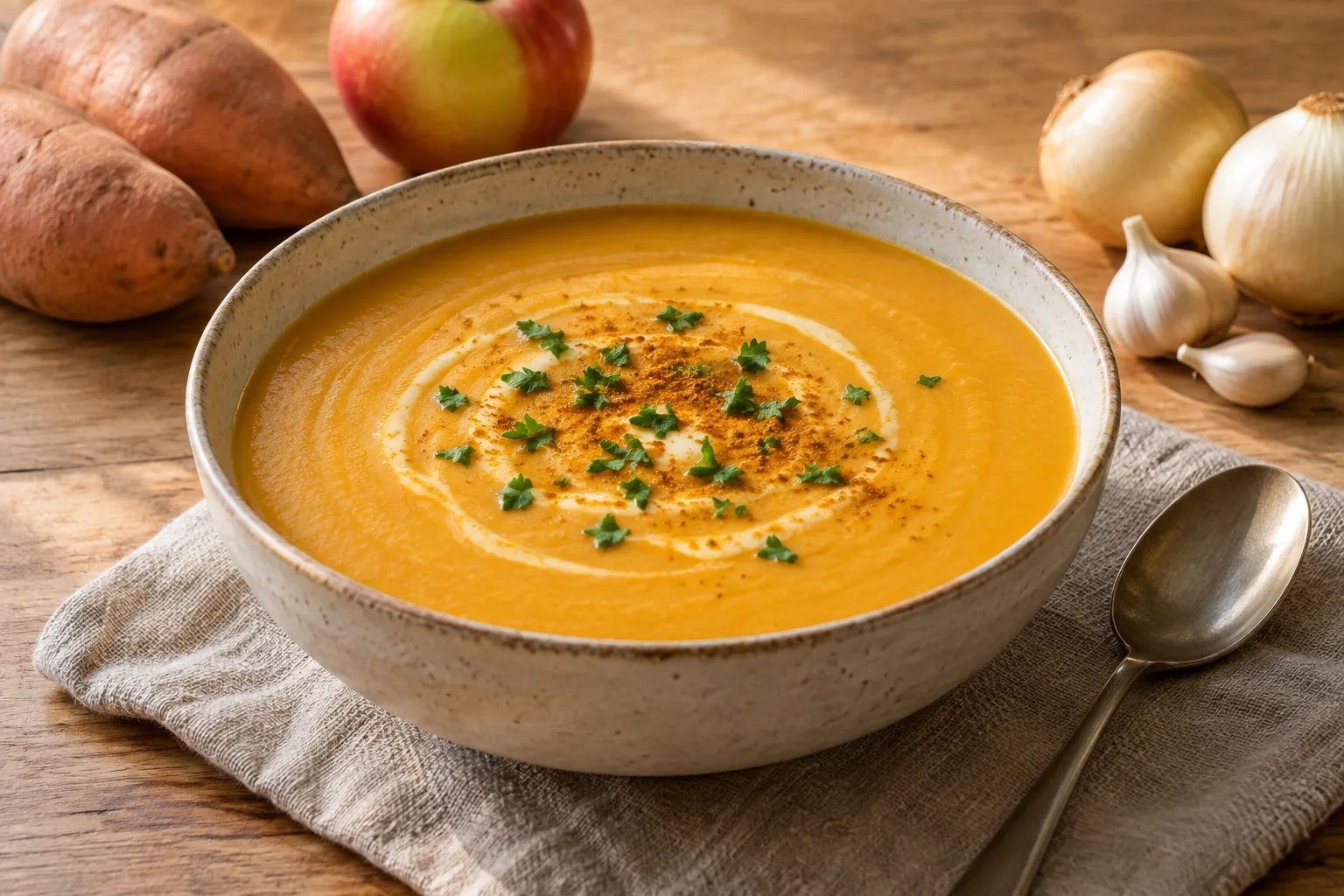 Zuppa delicata di patata dolce e mela