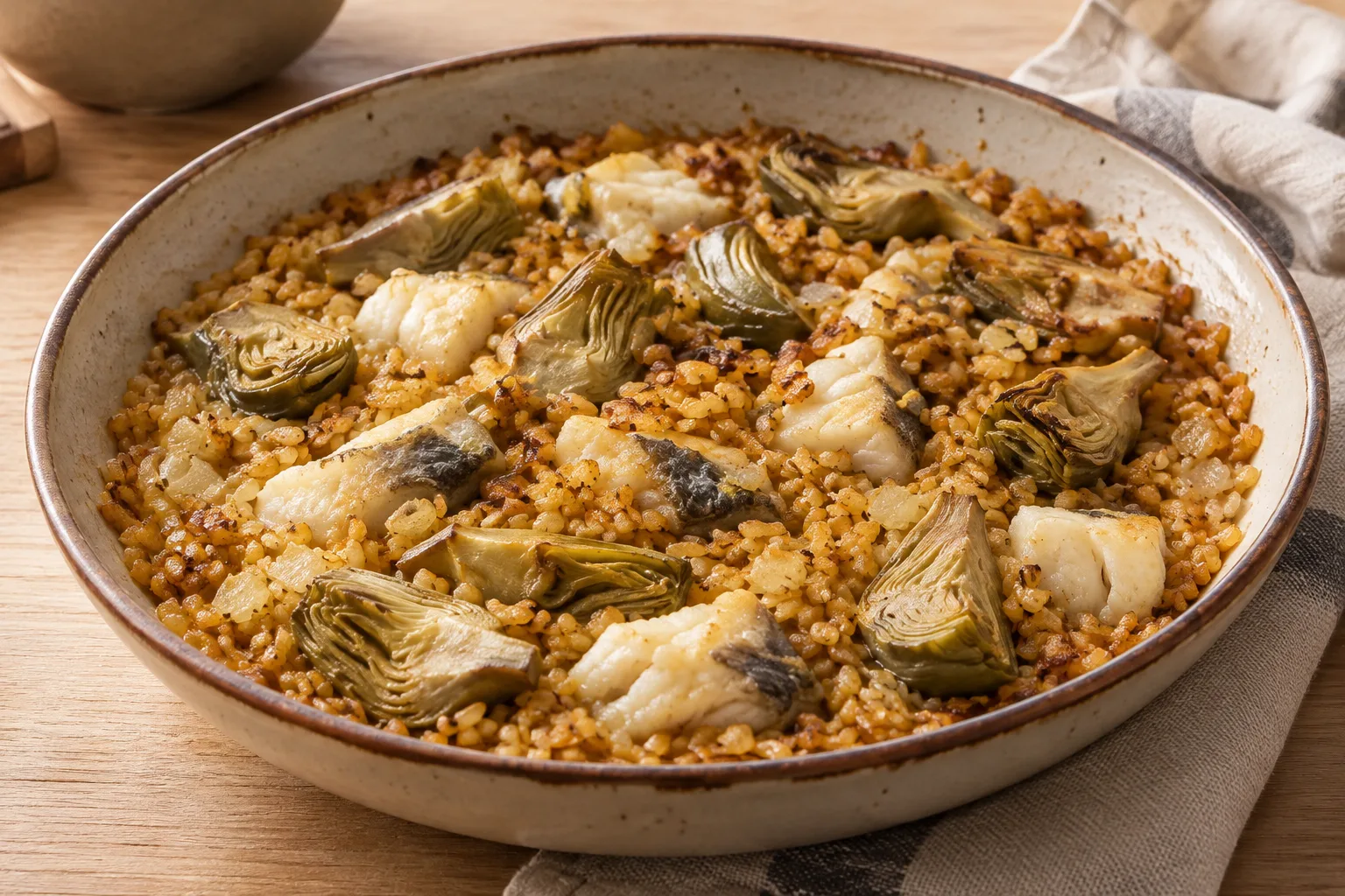 Riso asciutto con baccalà e carciofi