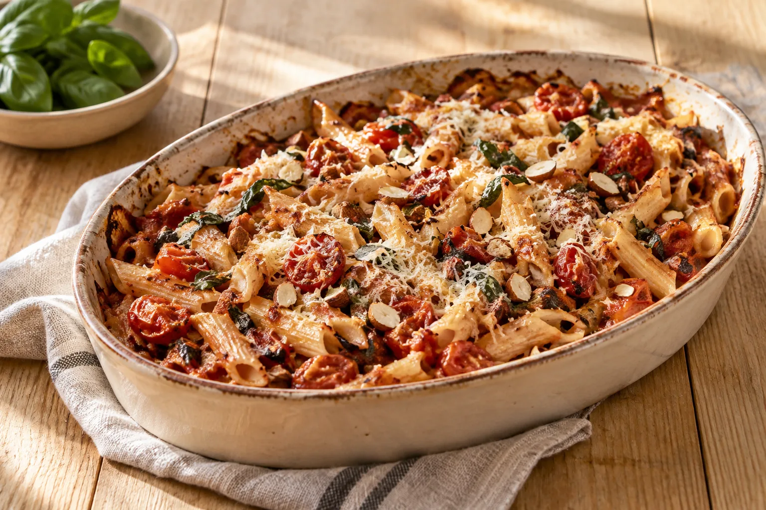 Pasta al forno con pomodori arrostiti e mandorle
