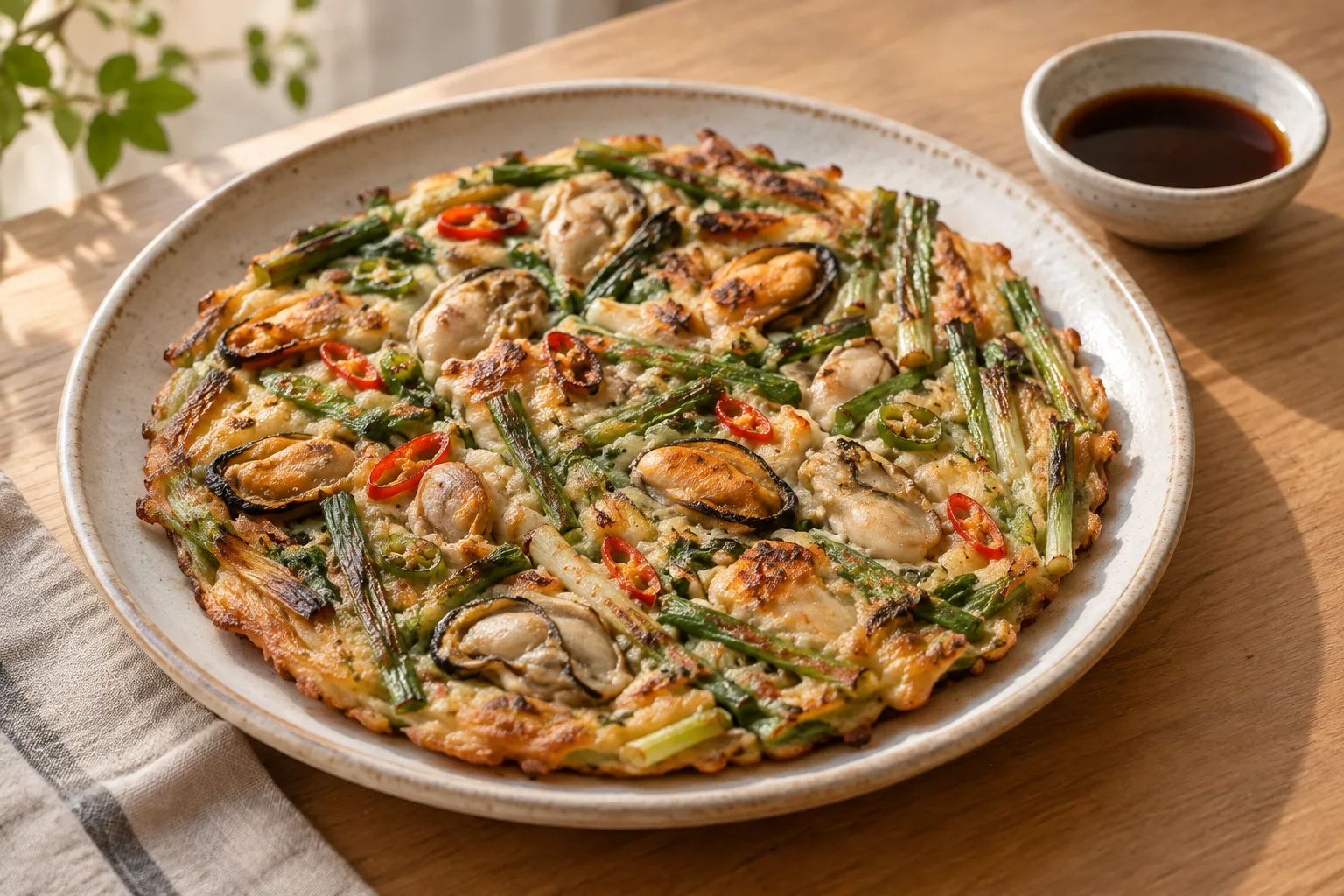 Haemul pajeon coreano con frutti di mare e cipollotti