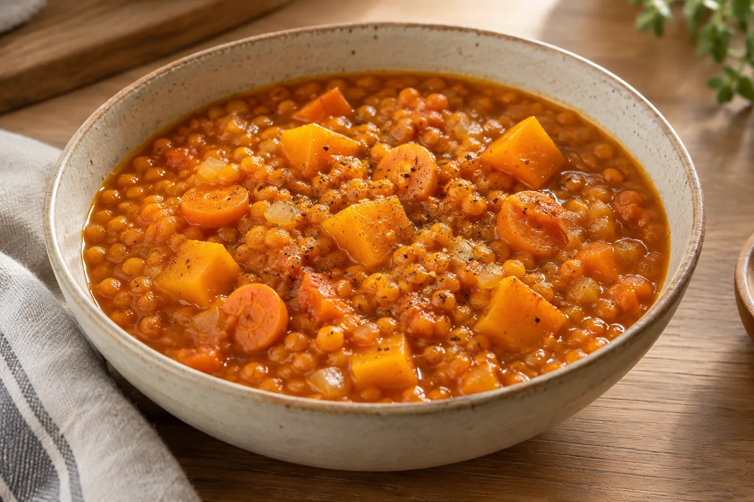 Lenticchie rosse speziate e verdure con zucca