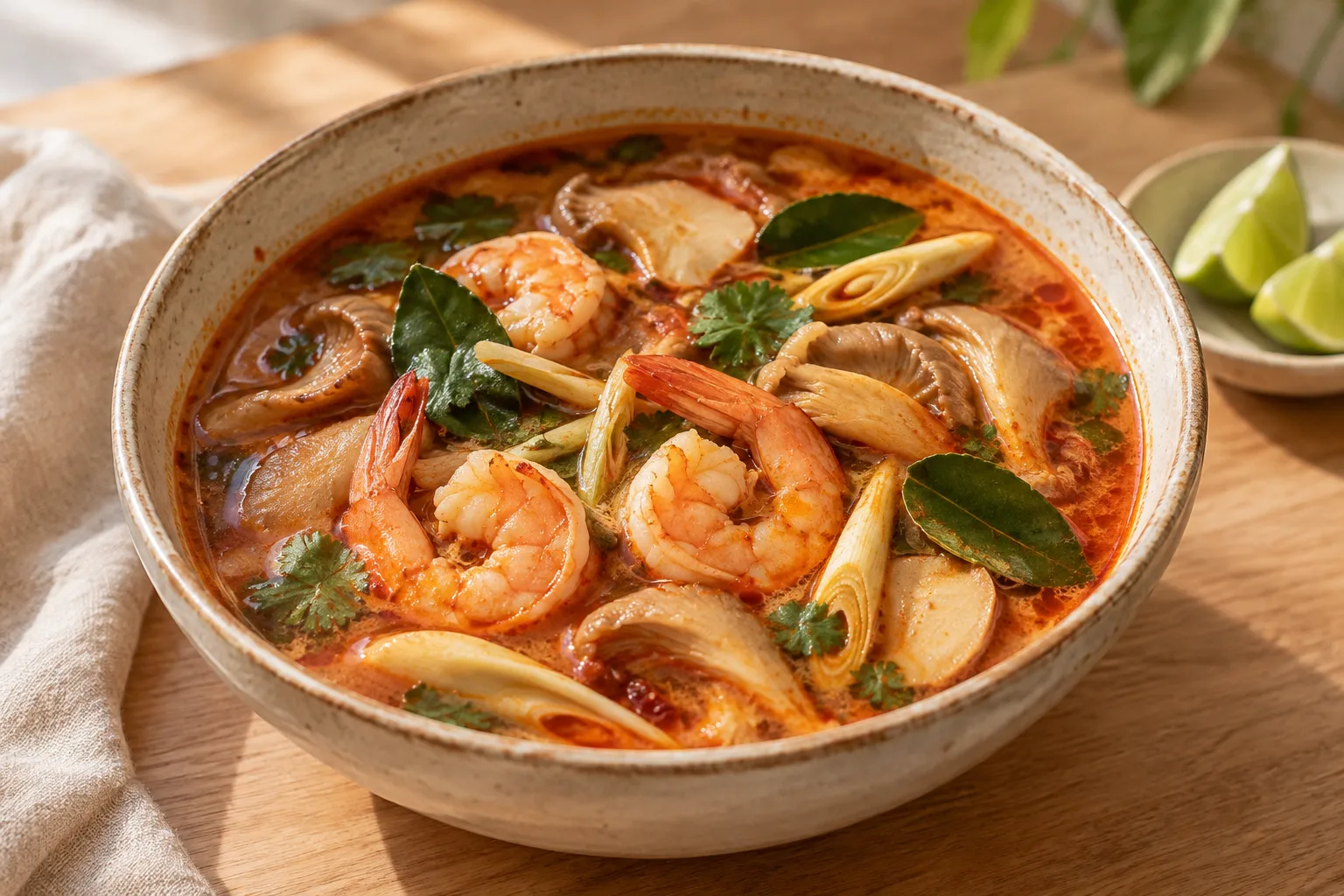 Thailändische Tom-Yum-Suppe mit Garnelen und Nam Prik Pao