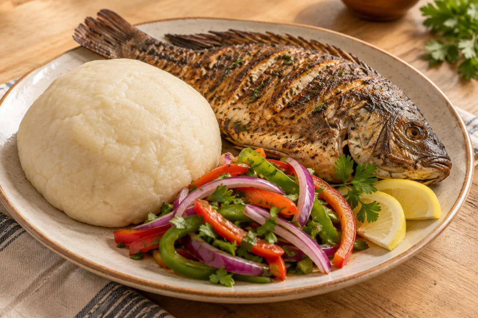 Banku ghanese con tilapia al forno