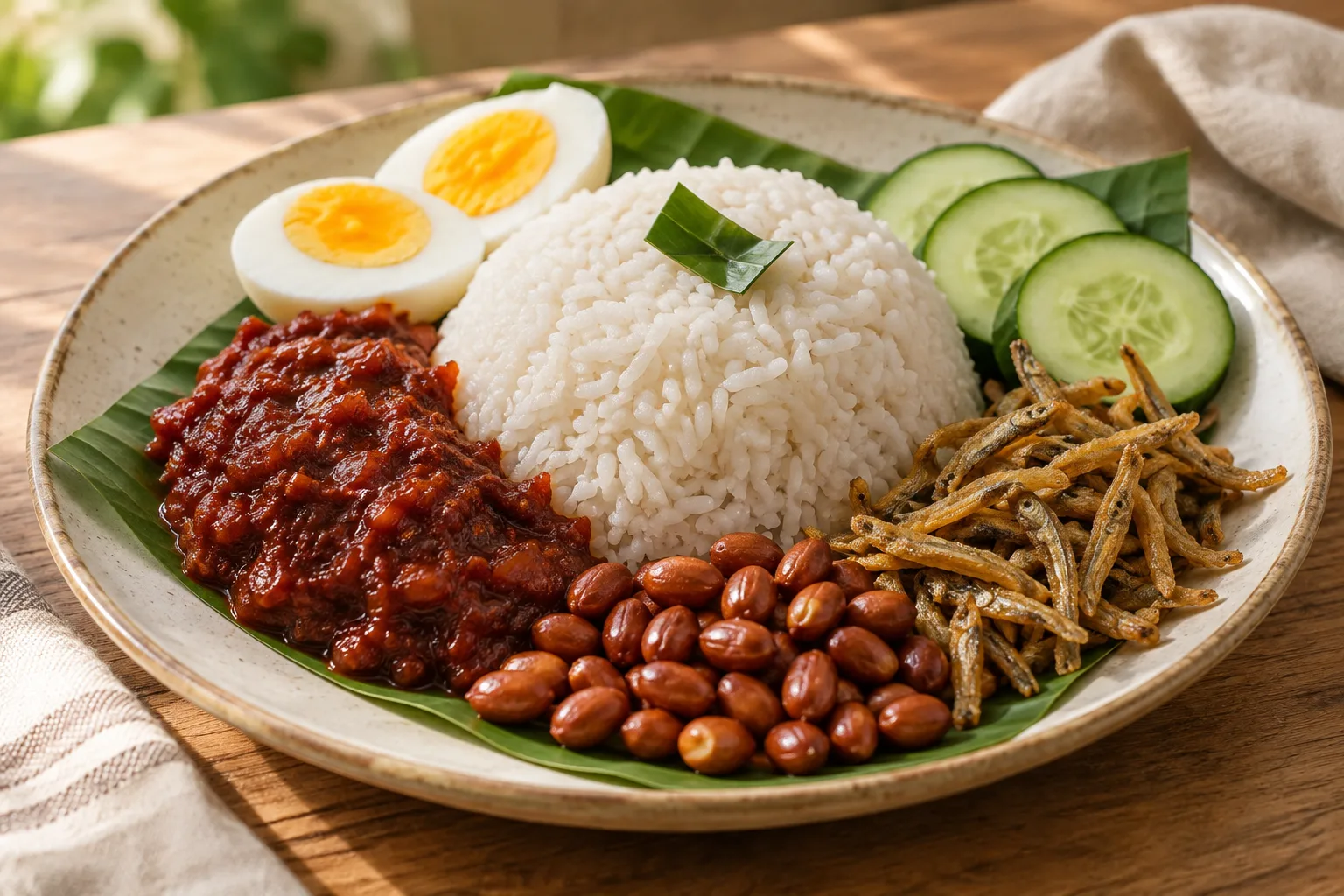 Nasi lemak malese con sambal, acciughe e arachidi